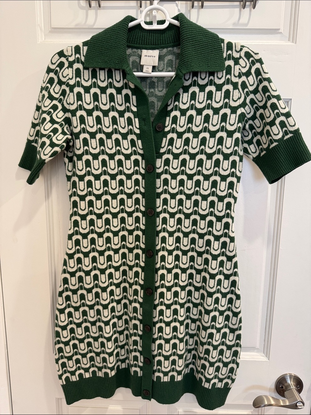Maeve Green and Cream Knit Button-Front Mini Dress